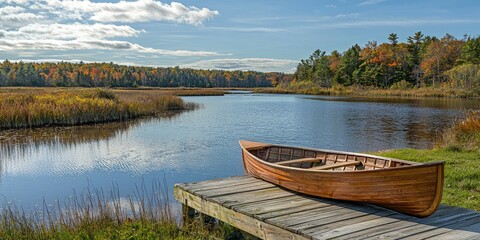 Obraz premium row boat tied to a wooden dock, waiting to be taken out for a peaceful ride in the calm river