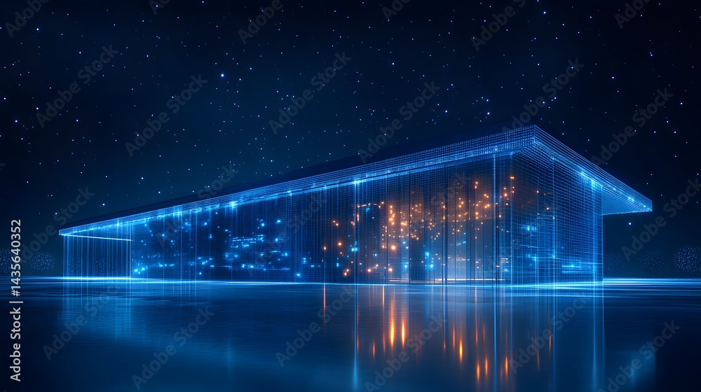 Poster futuristic architectural marvel with grid framework under a starlit sky, bathed in blue and orange g