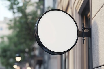 3D rendering of a blank white round wall sign mockup hanging on the side with a black frame, close-up. Isolated scene, outdoors on a summer day. Design template for advertising and branding concepts. 