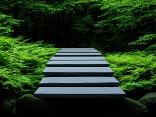 Stone steps leading into a lush green forest. Tranquil and serene natural scene