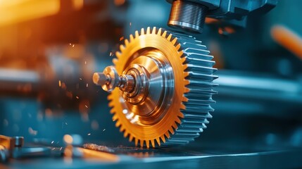 A gleaming metal gear being precisely machined showcases the intricate process of manufacturing, exemplifying engineering expertise and the dedication to quality and craftsmanship.