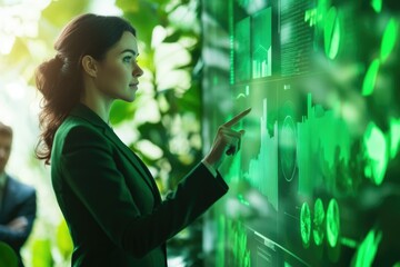 A businesswoman analyzes data on a large interactive screen displaying financial charts and graphs.