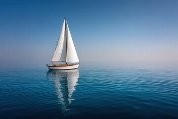 White sailboat with crisp reflection over tranquil sea water under bright daylight emphasizing balance minimalism summer escape travel peace marine theme in a high resolution stock photo