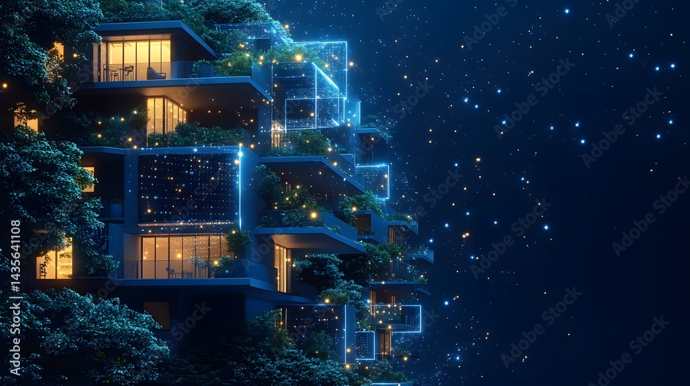 Aufkleber futuristic eco-building harmonizes architecture with nature under a starlit expanse. glowing orbs an