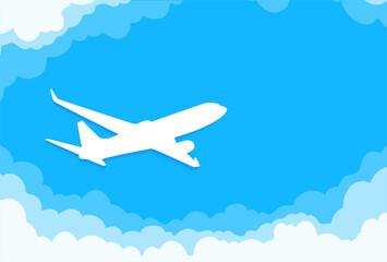 Silhouette of passenger airplane flying through layered clouds