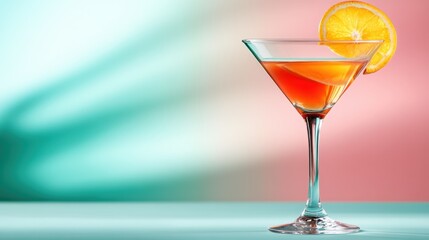 A stunning cocktail garnished with a fresh orange slice, showcasing vibrant colors against a soft gradient background, perfect for enticing summer vibes.