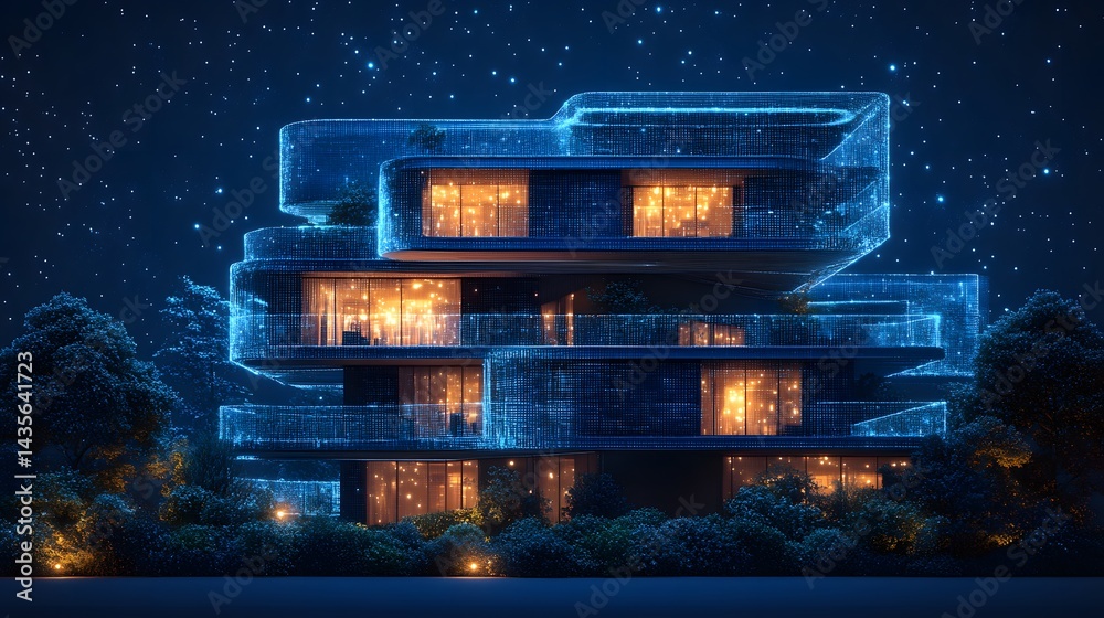 Poster futuristic building with a glowing blue grid, nestled among lush greenery under a starry night. warm