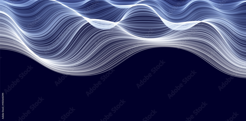 Poster Abstract flowing wave lines on dark background. Waving clouds. Futuristic glowing motion pattern, stylish minimal texture for banners, websites, hi-tech visuals. Vector illustration