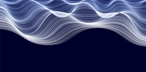 Abstract flowing wave lines on dark background. Waving clouds. Futuristic glowing motion pattern, stylish minimal texture for banners, websites, hi-tech visuals. Vector illustration