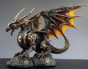 Handcrafted Mechanical Dragon Toy with Brushed Steel Body and Glowing Amber Eyes