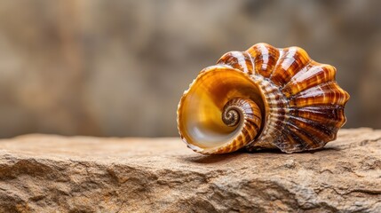 An exquisite close-up of a swirling shell resting elegantly on a rock surface, highlighting its rich colors and intricate patterns that reflect nature's elegance and beauty.