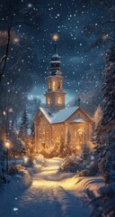 Fototapeta premium Snowy Church with Winter Night, and Path.