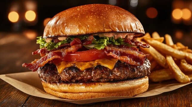 This image presents a decadent gourmet burger layered with crispy bacon and melted cheese, accompanied by a side of golden fries, promising a delightful and indulgent dining experience.