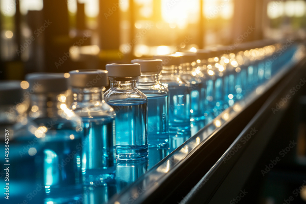 Poster row of clear glass vials filled with blue liquid in sunlight generative ai