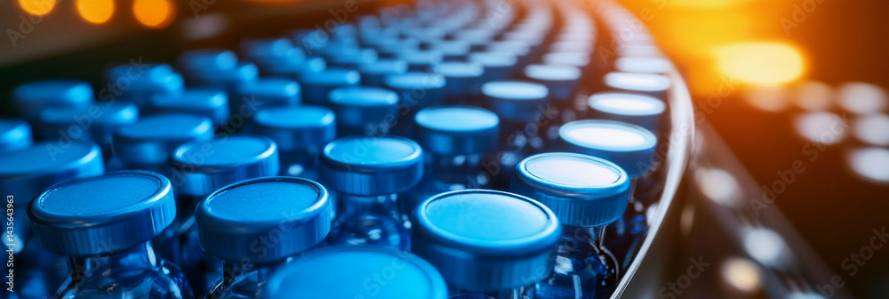 Aufkleber close view of blue vials on a production line generative ai