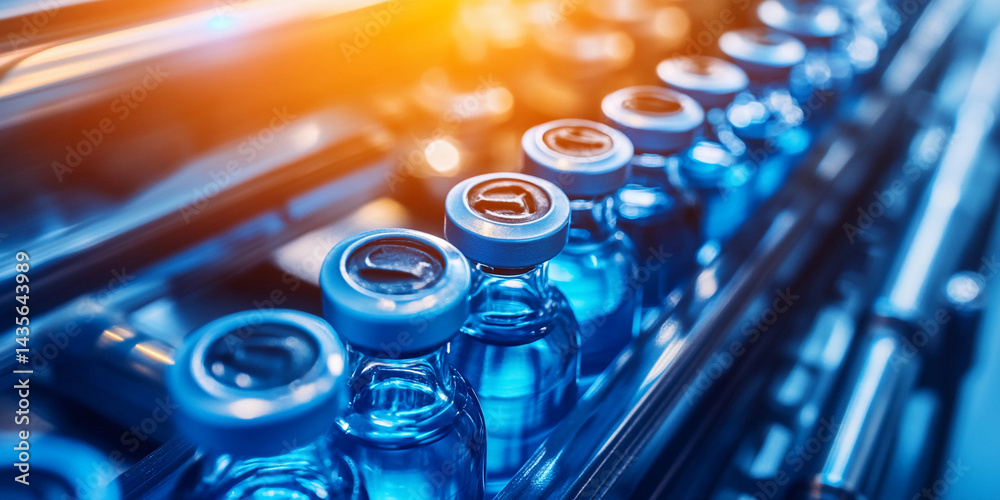 Poster Close-up view of blue vials in laboratory setting Generative AI