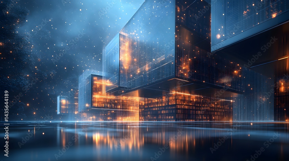 Poster futuristic cityscape with floating, grid-like structures glowing orange against a cool blue, starlit