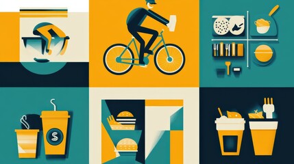 Dynamic food delivery illustration featuring cycling lifestyle and beverage options