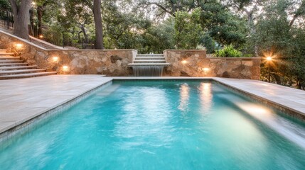 A gleaming outdoor pool bordered by a rustic stone wall and surrounded by greenery offers a serene escape, ideal for leisure and relaxation in a peaceful setting.
