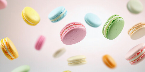 Fototapeta premium Floating colorful macarons in delightful display Generative AI
