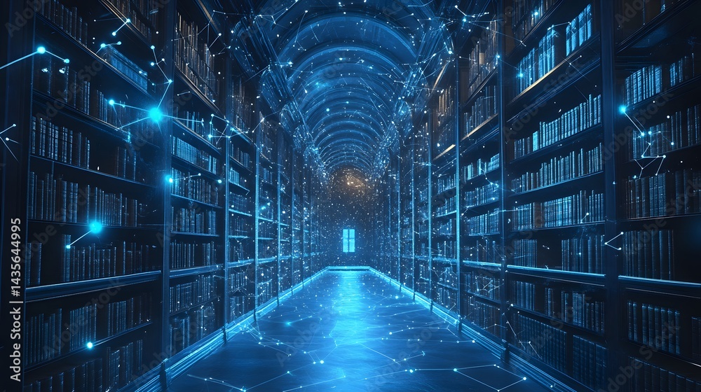 Aufkleber Step into a captivating library hallway bathed in dark blue, enhanced by glowing blue lines connecting books. A golden window at the end adds a focal point. Abstract wireframe in dark blue.