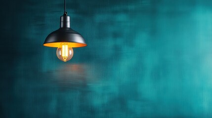 A stunning black pendant light radiates warmth against a textured turquoise backdrop, blending modern design with artistic flair for an inspiring interior aesthetic that captivates.