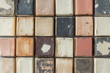 Fototapeta premium Pile of old brick tiles, scattered on dusty ground, under a harsh sunlight, surrounded by tools and scattered bits of rubble.