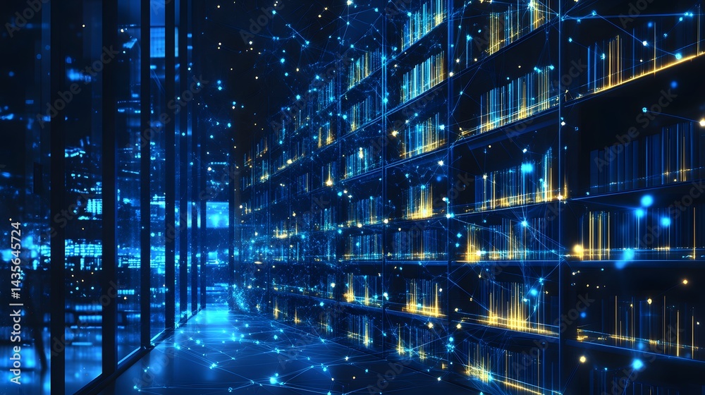 Aufkleber futuristic server room bathed in blue and gold, showcasing cutting-edge data storage. rows of server
