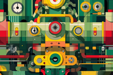 Colorful geometric abstract art with circles and rectangles in a symmetrical design