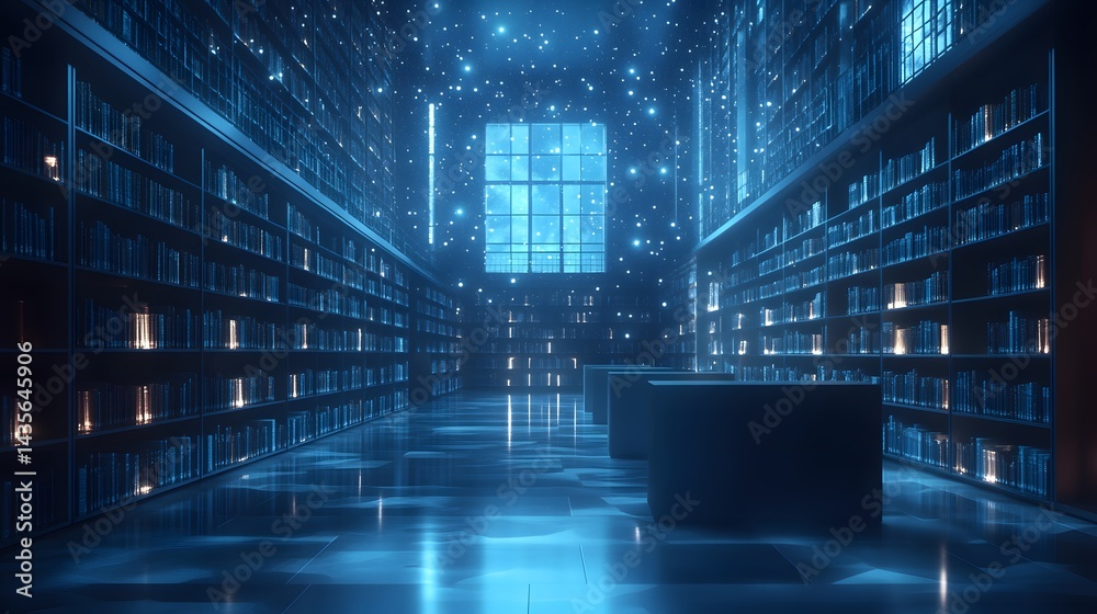 Aufkleber Step into this otherworldly library! Rows of glowing books stretch endlessly under a blue starlit sky. A place for knowledge and dreams. Abstract wireframe in dark blue.