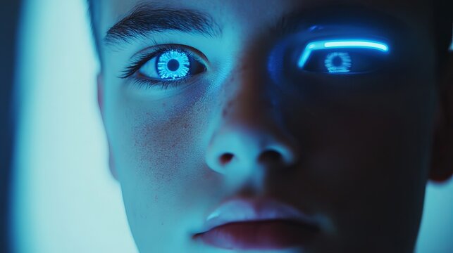 Closeup portrait young man futuristic blue eyes glowing digital art cyberpunk style boy face neon