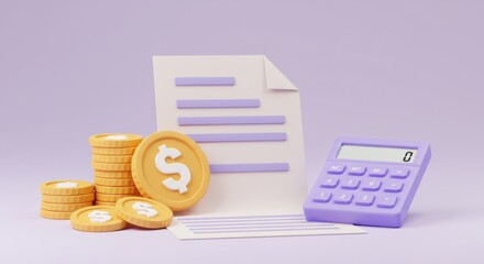 Financial Planning: Coins, Document, and Calculator on Lilac.