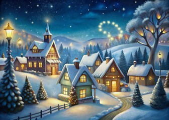 Naklejka premium Magical Snowy Christmas Village Scene with Glowing Lights