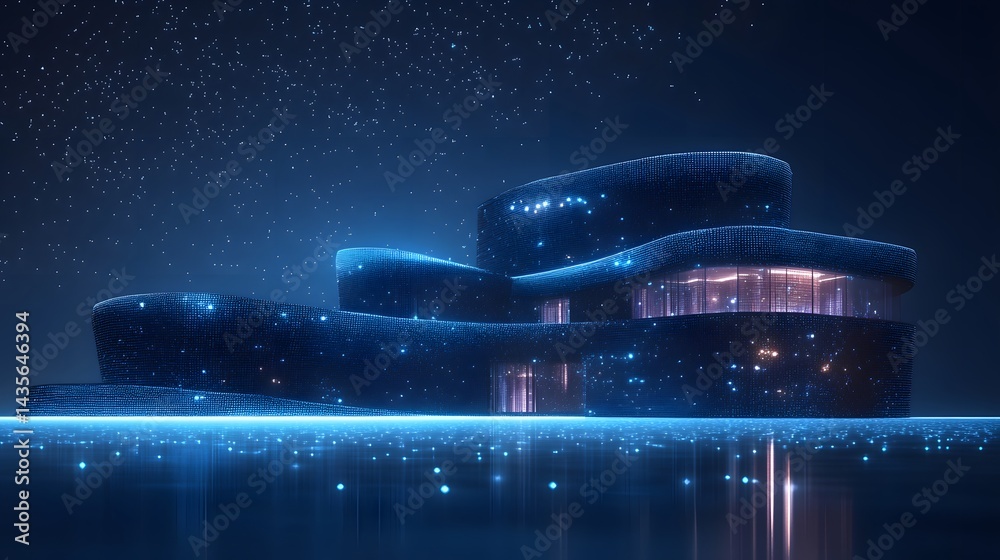 Poster Futuristic architecture glows under a starlit sky. Reflective surfaces and shimmering textures create a captivating, otherworldly scene. Ideal for sci-fi concepts. Abstract wireframe in dark blue.