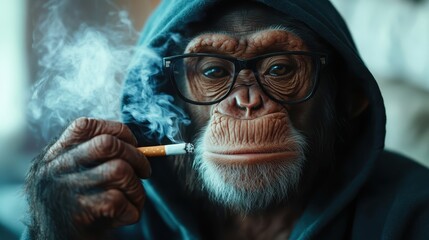 A comical depiction of a monkey wearing glasses and a hoodie, exuding an ironic sense of style while indulging in smoking, blending humor with artistic depth.