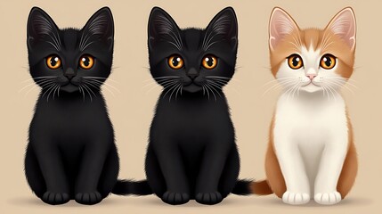 Obraz premium Three adorable kittens, two black and one orange tabby, sitting side-by-side