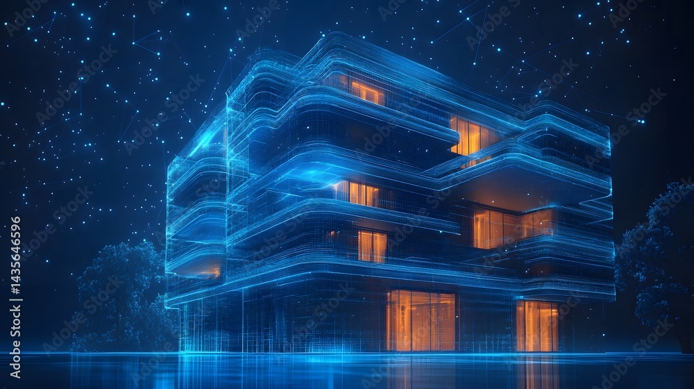 Leinwandbilder futuristic architecture glows in the night, reflected in a serene surface. modern building with vibr