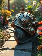 Steampunk Garden Snail with Helmet Shell in Whimsical Victorian Garden