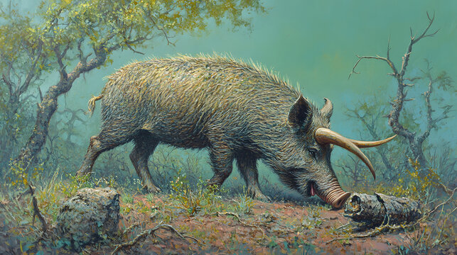 Prehistoric pig-like creature foraging in a misty woodland, searching for food