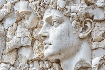 Naklejka premium Close-up view of a white marble head mounted on a wall, with intricate details and serene expression.