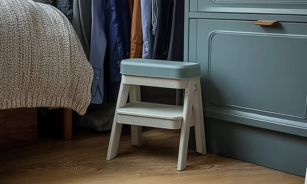 A cozy step stool beside a wardrobe in a stylish, modern interior.