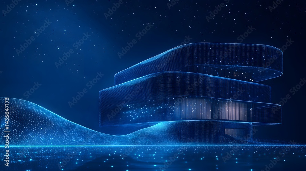 Aufkleber futuristic blue cityscape. holographic buildings rise from a flowing, digital terrain. points of lig