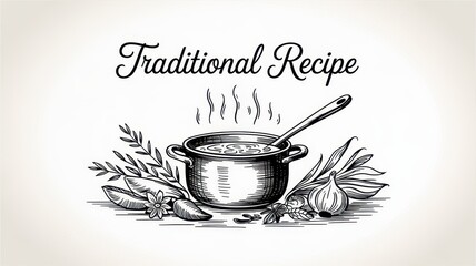 Hand-drawn illustration of a traditional soup pot with herbs and spices.