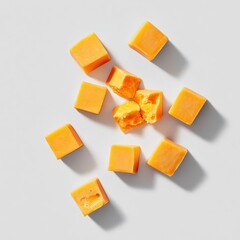 Atop a light background,  square cheese candies are scattered.