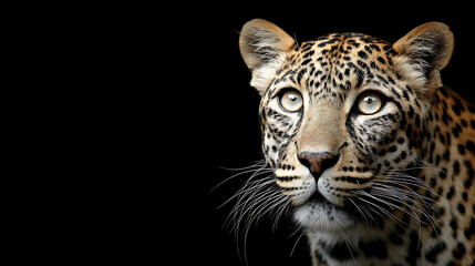 Naklejka premium Close-up of a leopard gazing with piercing eyes against a dark background, showcasing its beauty