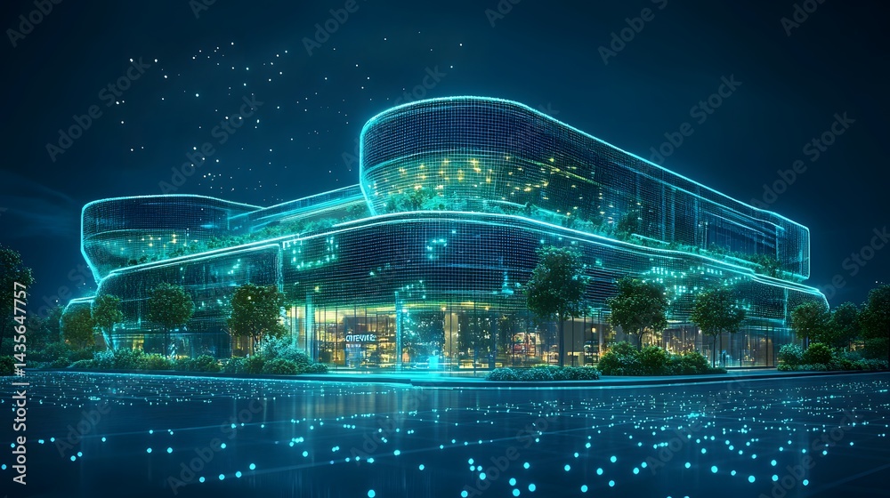 Aufkleber futuristic building seamlessly blends nature with modern design, featuring integrated greenery and g