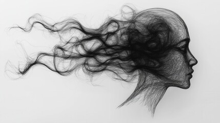 Abstract line art portrait woman profile with dynamic flowing hair