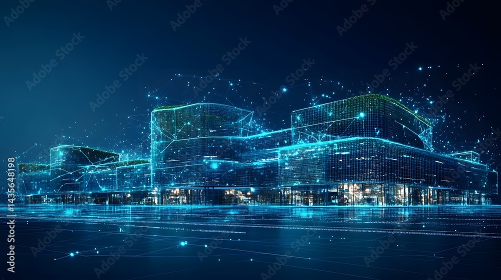 Aufkleber futuristic cityscape with interconnected buildings and glowing data streams. a high-tech urban lands