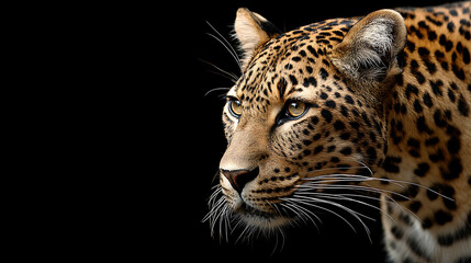 Naklejka premium Close-up of a leopard's face showcasing its striking features against a black background