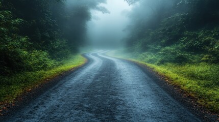 A scenic and winding road meanders through a misty wilderness, framed by verdant foliage and creating a sense of exploration and serene beauty in nature.
